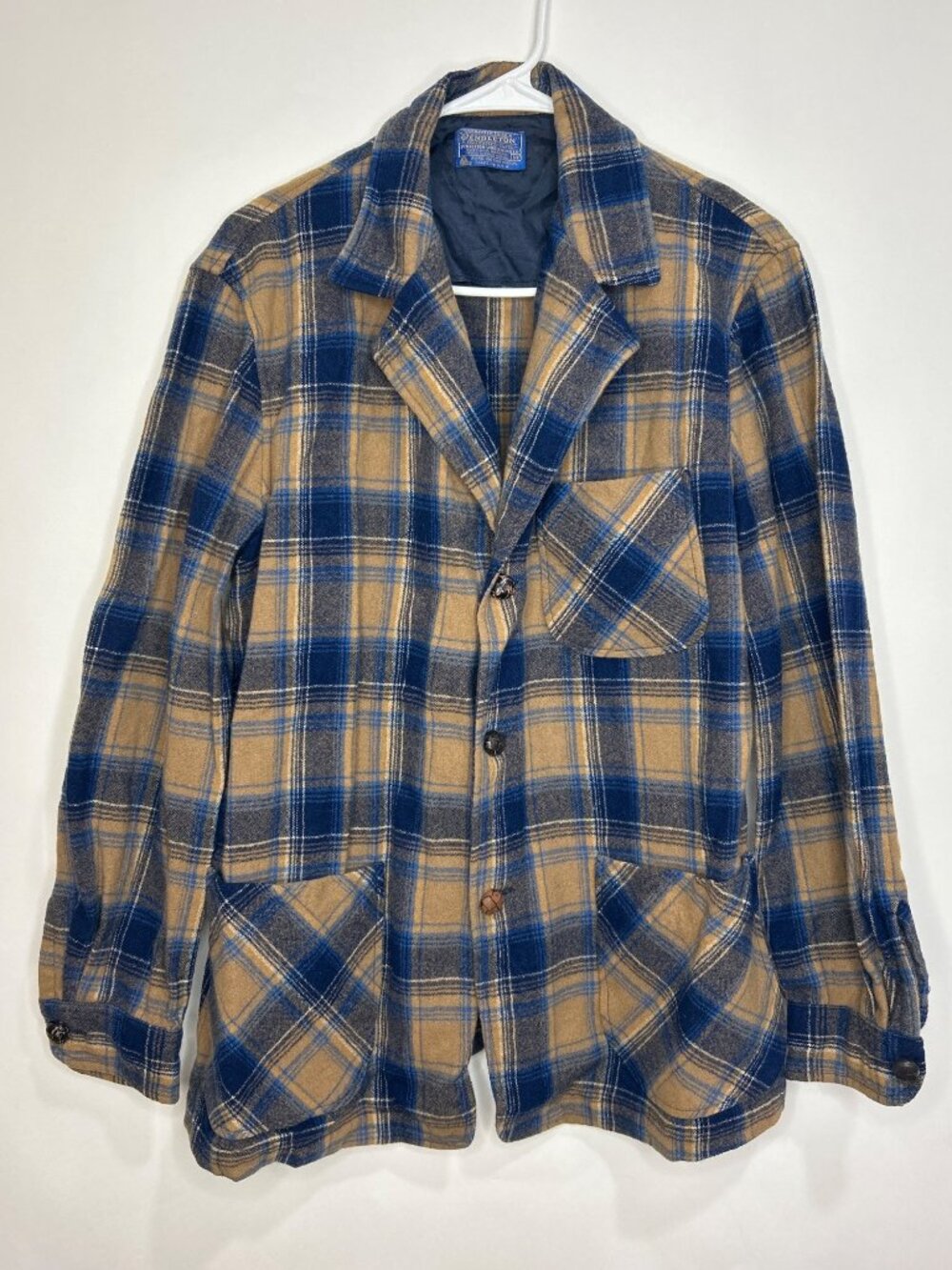 Vintage Pendleton Woolen Mills Plaid 100% Wool Shirt Mens M Blue & Tan